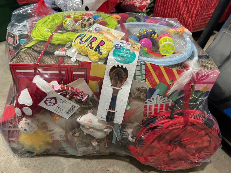 1. Cat Basket #1: Large cardboard scratcher, plaid play tunnel, light blue spiral tunnel toy, an abundance of cat mice and balls, and more!