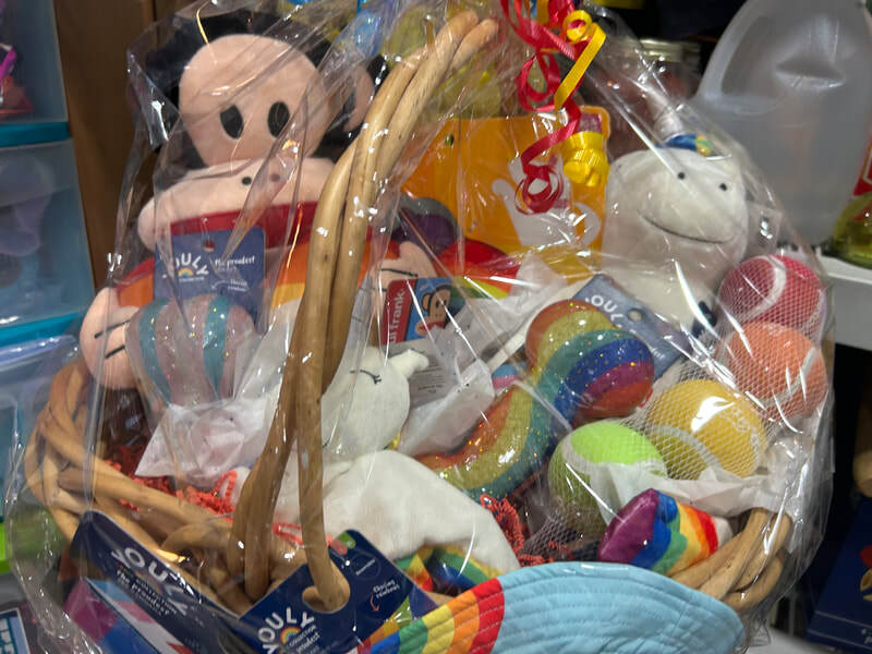 3. Dog Basket: Stuffed dog toys of different sizes, ready to be friends with your pup; rainbow chew toy, balls in rainbow colors, bandana, and more!