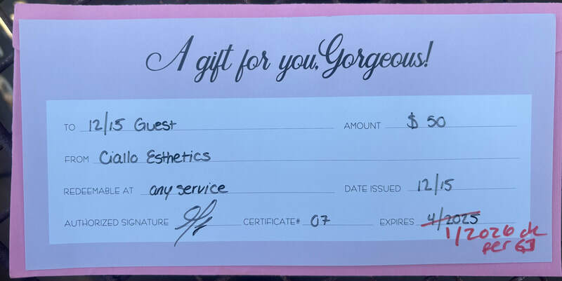 Raffle Prize #11: $50 gift certificate to Ciallo Esthetics