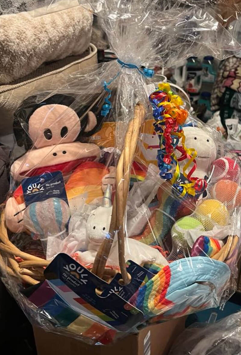 Raffle Prize #9: Dog basket with unicorn stuffed animal, rainbow hat and bandana, tennis balls, and more toys!